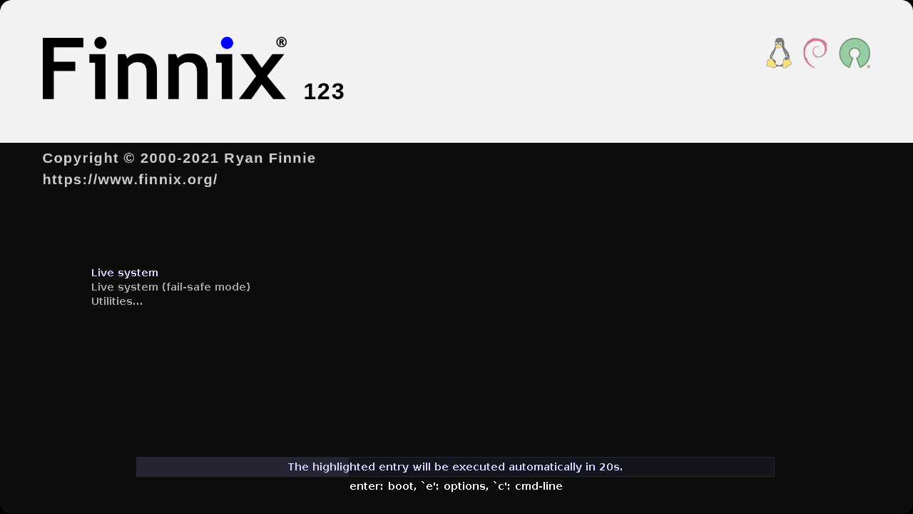 Finnix 123 boot screen