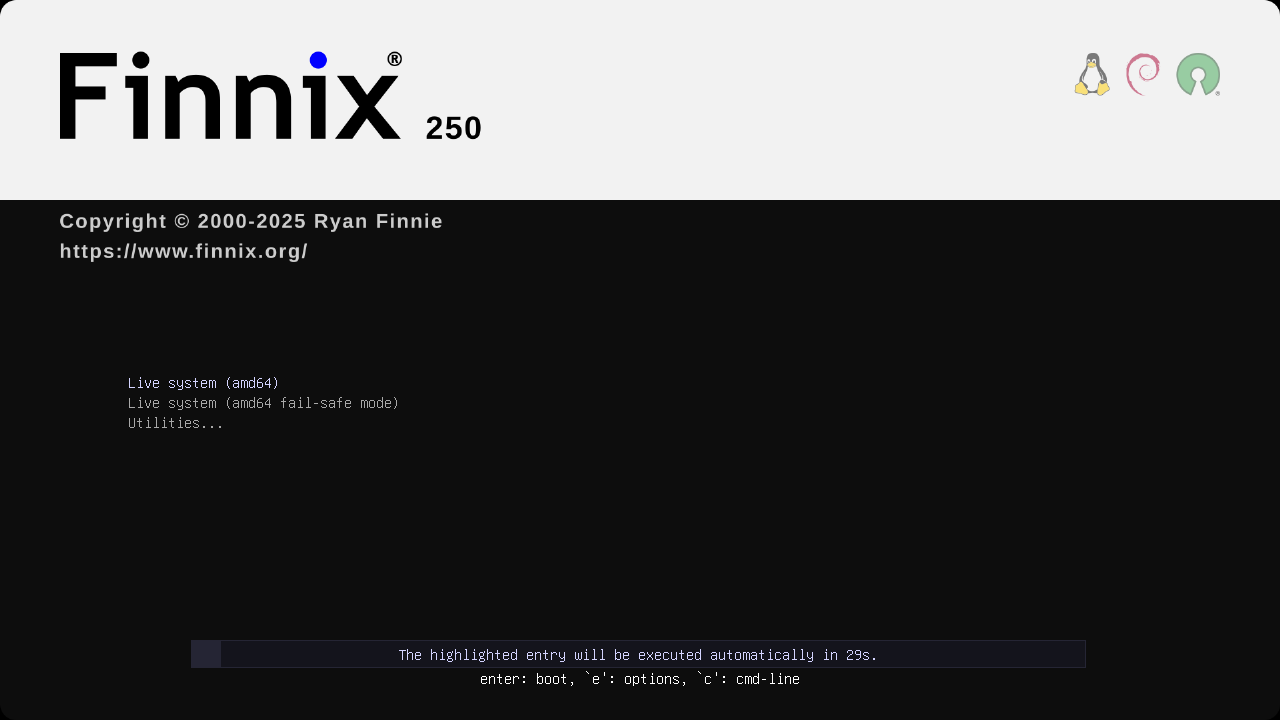 Finnix 250 boot screen